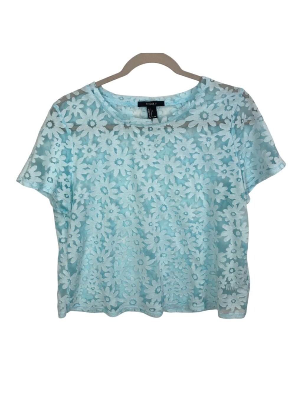 Y2K Sheer Mesh Floral Burnout Tee Light Blue Daisy Fairy Grunge Short Sleeve-L - Picture 7 of 7